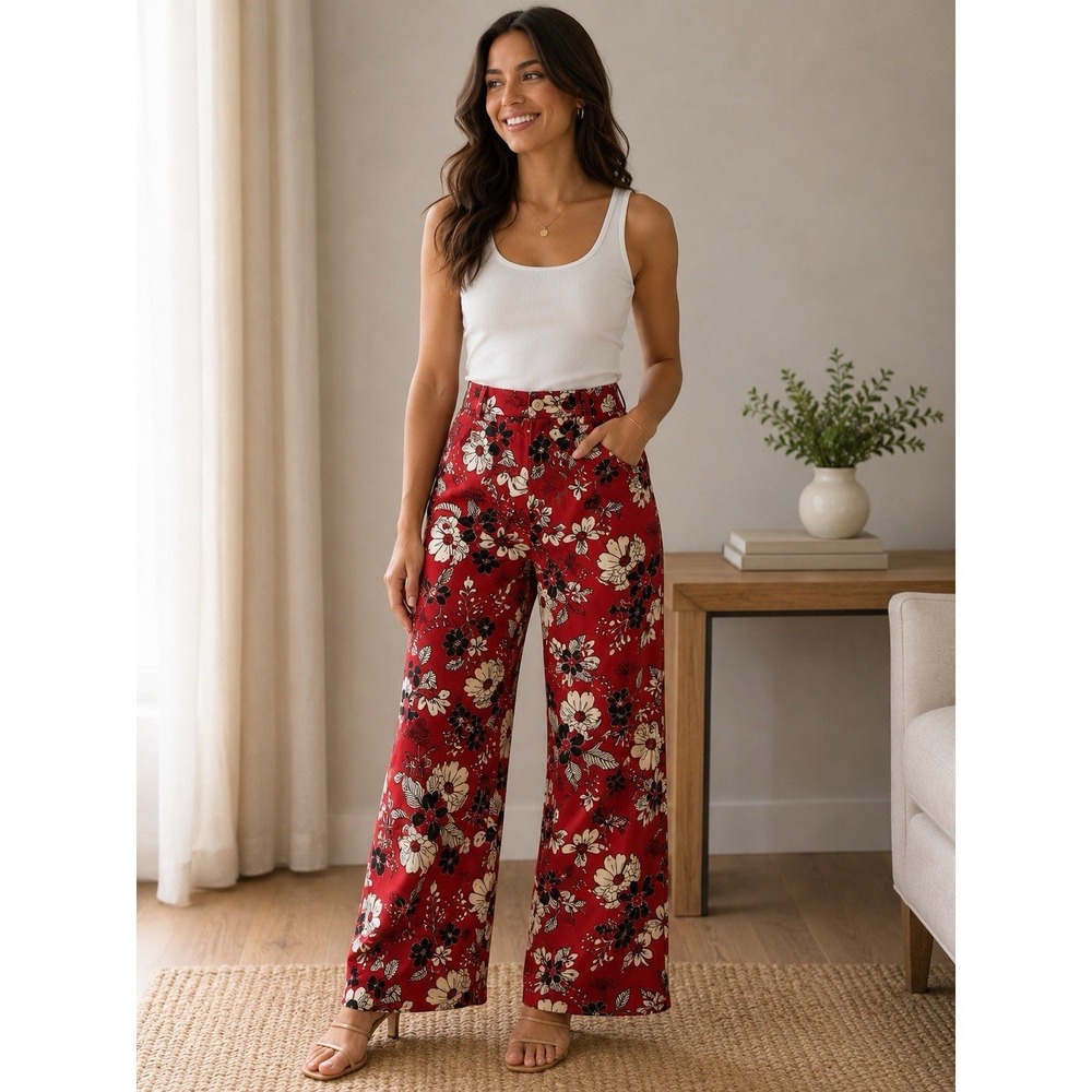 Women's PALAZZO Flared Casual Pants with Pockets Size L-XL Red